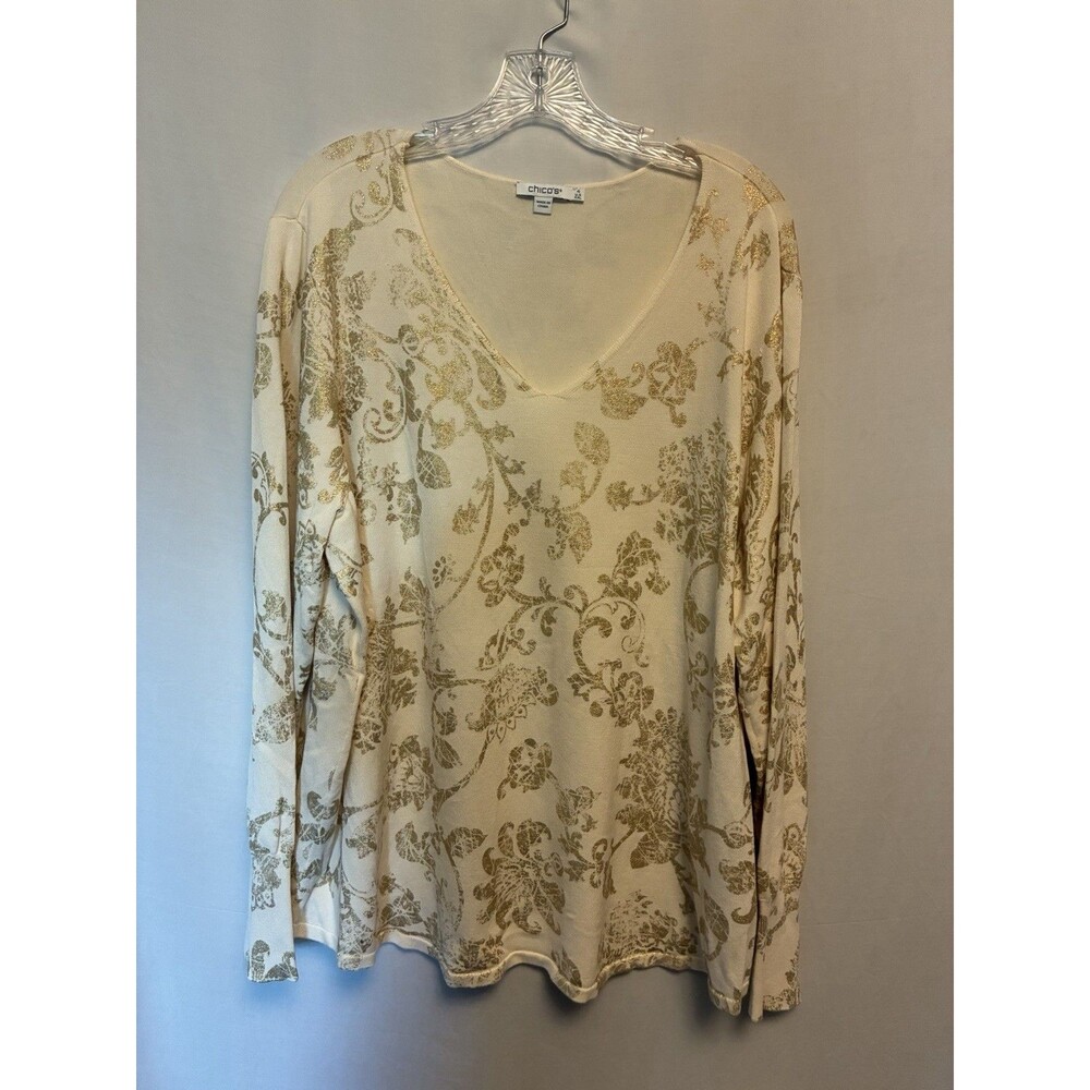Chico’s Women’s V-Neck Long Sleeve sweater shirt Gold Floral foil  Sz 4 XXL